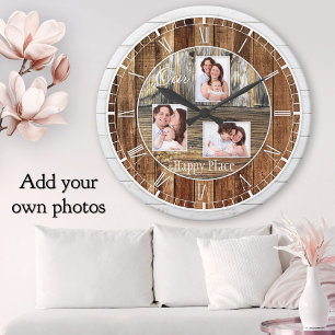 Modern Rustic Wood 3 Photos Round Clock