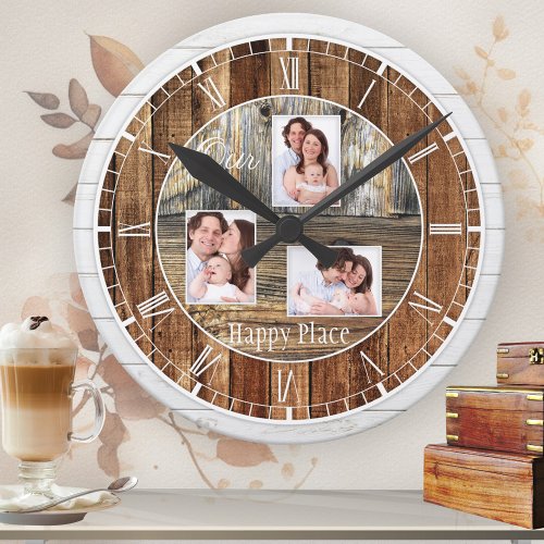 Modern Rustic Wood 3 Photos Round Clock