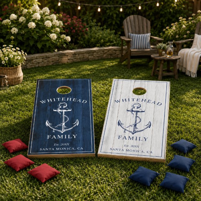 Modern Rustic Wood Anchor Monogram Navy Cornhole Set (Bring a touch of warm, modern farmhouse charm to your backyard gatherings with this cornhole set.)