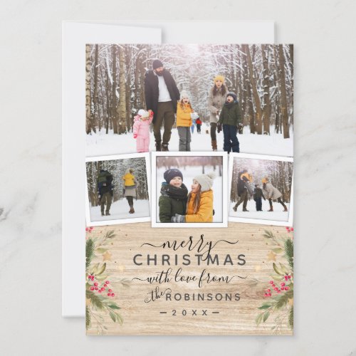Modern Rustic Wood Christmas Family 4 Photos Holid Holiday Card