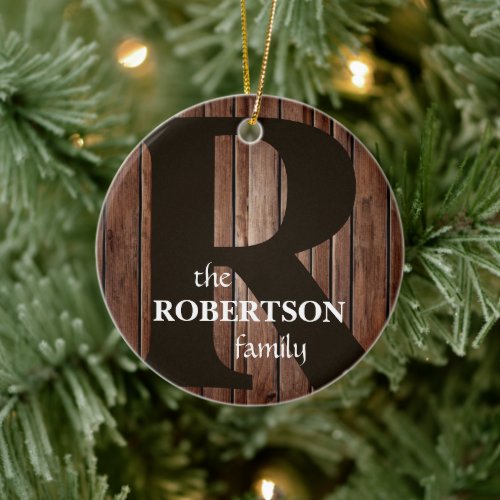 Modern Rustic Wood Family Monogram Ceramic Ornament