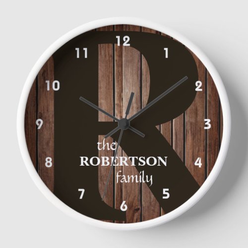 Modern Rustic Wood Family Monogram Clock