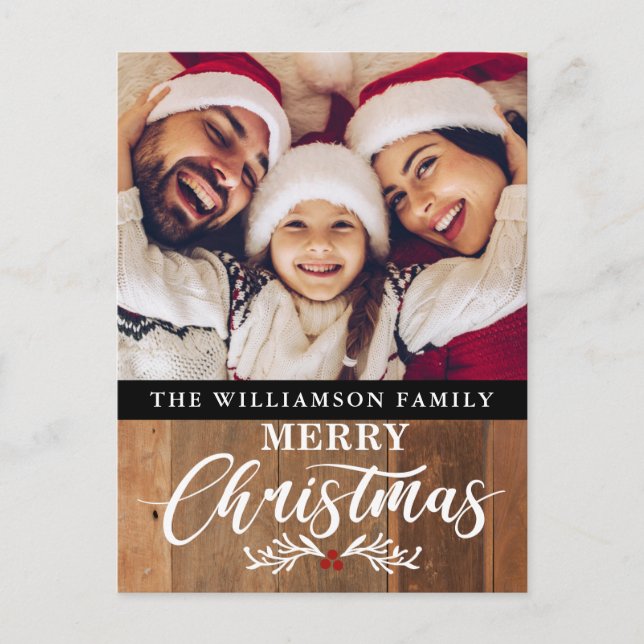 Modern Rustic Wood Family Photo Christmas Card (Front)