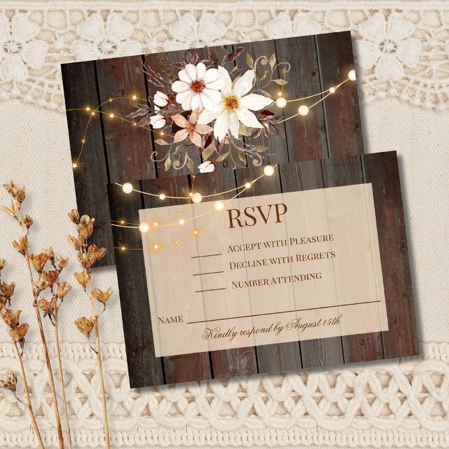 Modern Rustic Wood Floral Lights RSVP Card (Creator Uploaded)