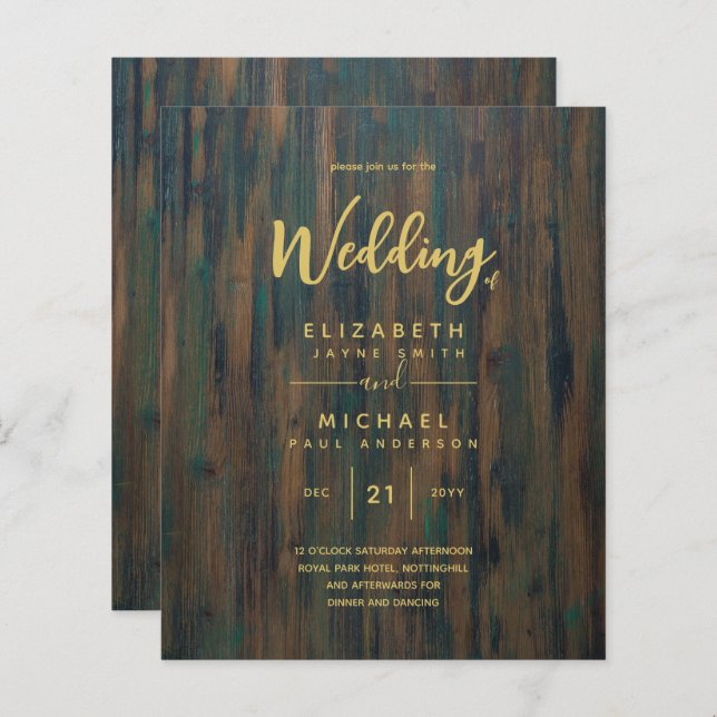 Modern Rustic Wood Gold Budget Wedding Invites (Front/Back)
