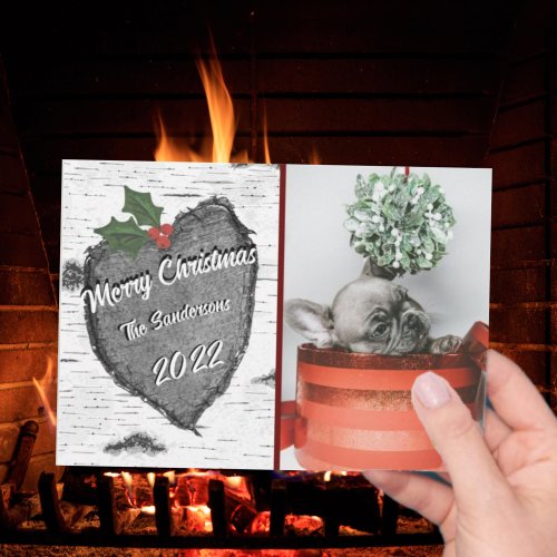Modern Rustic Wood Heart Family Photo Holiday Card