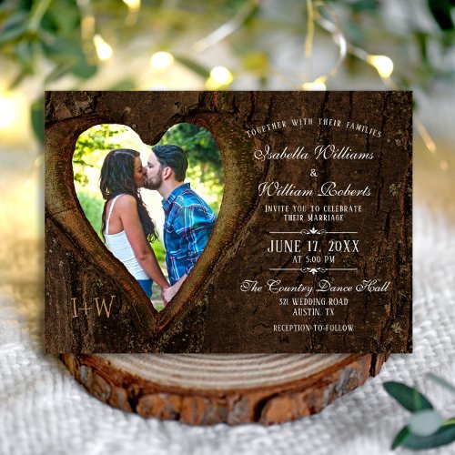 Modern Rustic Wood Heart Photo Wedding Invitation