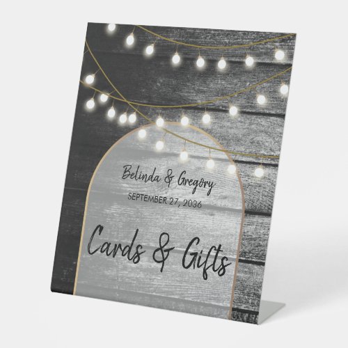 Modern Rustic Wood Lights Wedding Cards  Gifts Pedestal Sign