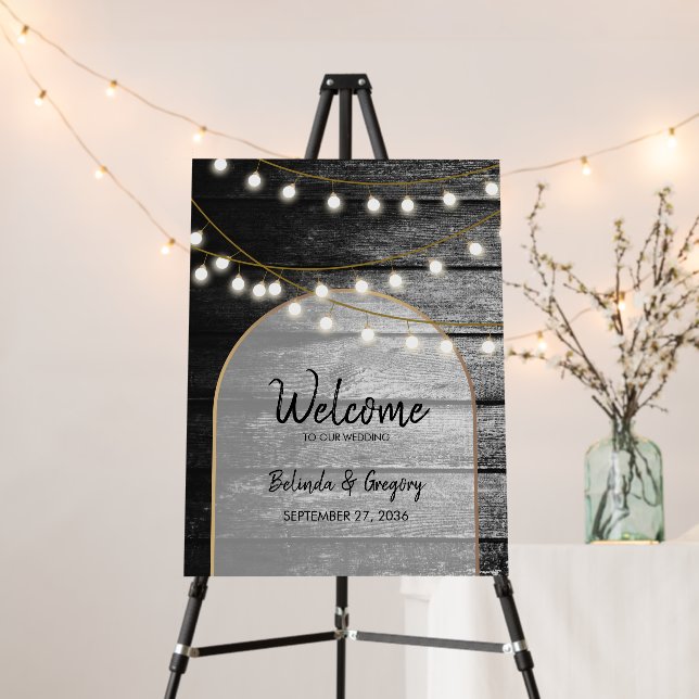 Modern Rustic Wood Lights Wedding Welcome Sign (In Situ (Stand))