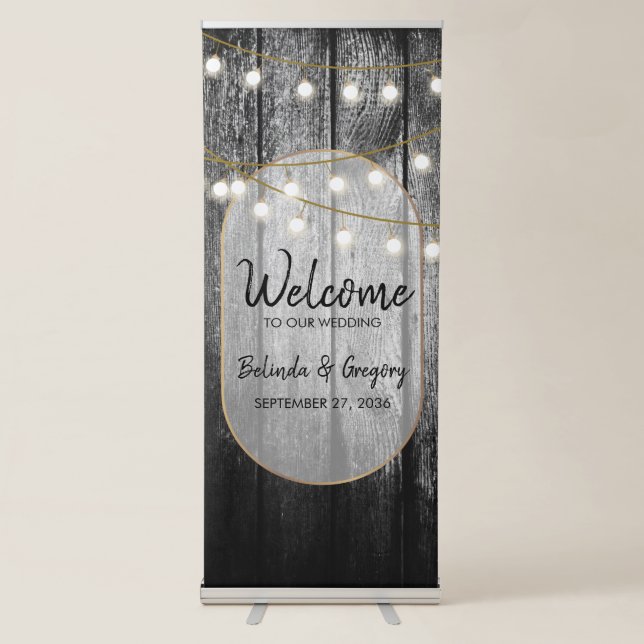 Modern Rustic Wood Lights Wedding Welcome Sign (Front)