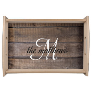 Modern Rustic Wood Monogram Name Custom Serving Tray
