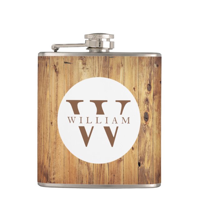 Modern Rustic Wood Monogram Name + Initial Flask (Front)