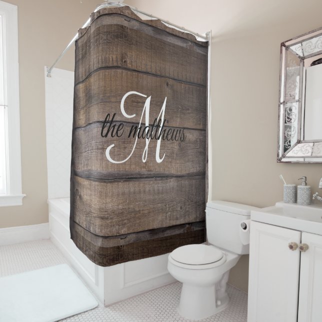 Modern Rustic Wood Monogram Oak Country Farmhouse  Shower Curtain (In Situ)