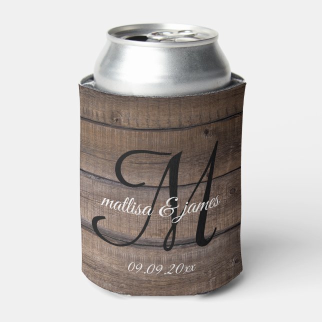 Modern Rustic Wood Monogram Script Wedding Party  Can Cooler (Can Front)