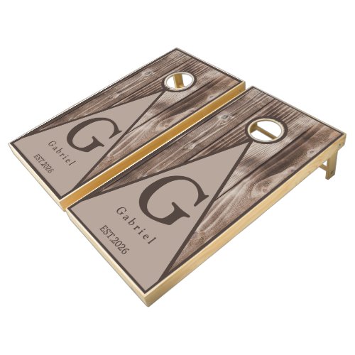 Modern Rustic Wood Monogrammed Name Cornhole Set