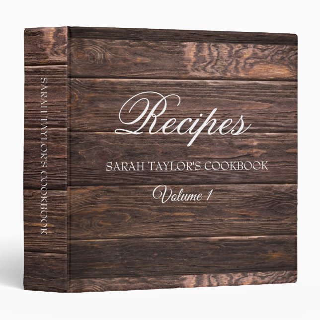 Modern Rustic Wood Pattern Script Name Recipe  3 Ring Binder (Front/Spine)