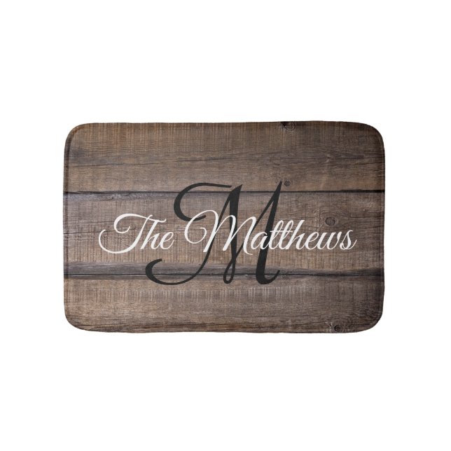 Modern Rustic Wood Personalised Monogram Bath Mat (Front)