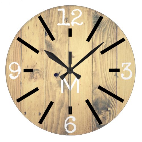 Modern Rustic Wood Print &amp; Black Marks Large Clock