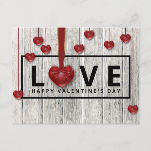 Modern Rustic Wood Valentines Day LOVE Red Hearts Postcard