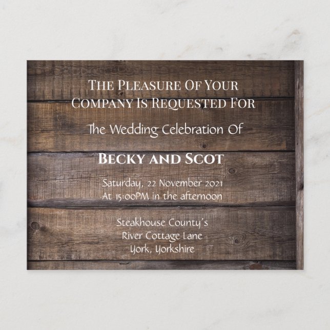 Modern Rustic Wood Wedding Invitation Postcard (Front)