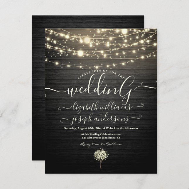 Modern Rustic Wood & White Lights String wedding   Invitation (Front/Back)