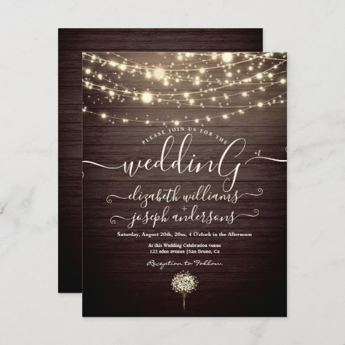 Modern Rustic Wood  White Lights String wedding  Invitation