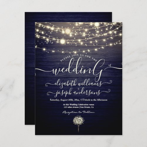 Modern Rustic Wood  White Lights String wedding   Invitation