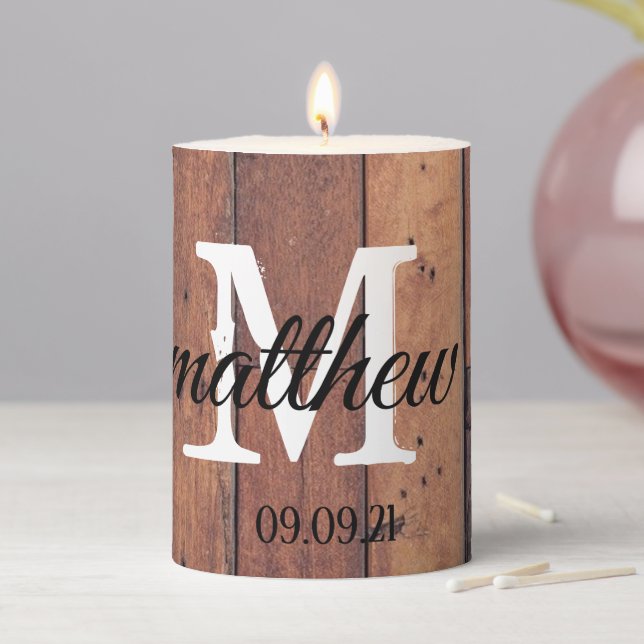Modern Rustic Wooden Home Decor Monogram Pillar Candle (In Situ)