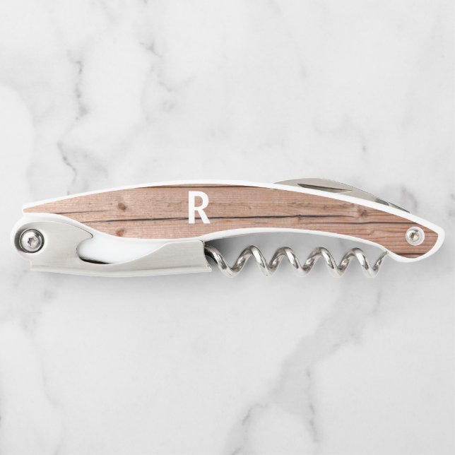 Modern Rustic Wooden Monogram Bottle Waiter's Corkscrew (Front)