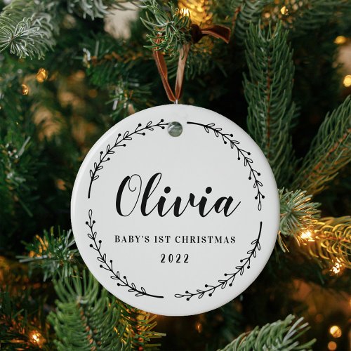 Modern Rustic Wreath Babys First Christmas Photo Ceramic Ornament