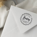 Modern Rustic Wreath Wedding Names Return Address Rubber Stamp<br><div class="desc">Add a personal touch to your envelopes, gift tags, packages, and more with this beautiful circular wooden return address stamp design. Featuring a hand-drawn botanical wreath with the couple's names in elegantly curved text and their surname showcased in modern brushed script lettering. Below, the home address is printed in simple...</div>