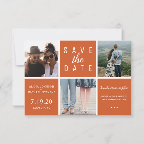 Modern rusty orange simple 3 photo collage wedding save the date