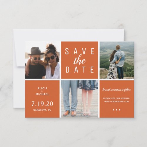 Modern rusty orange simple 3 photo collage wedding save the date