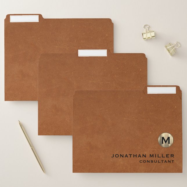 Modern Sable Brown Leather Gold Monogram File Folder (Set)