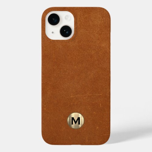 Modern Sable Leather Brushed Gold Monogram Case_Mate iPhone 14 Case