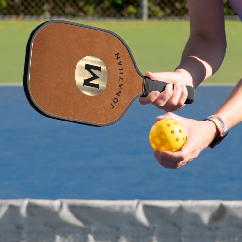 Modern Sable Leather Gold Classic Monogram Pickleball Paddle