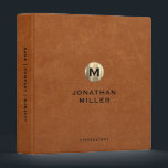 Modern Sable Leather Gold Monogram 3 Ring Binder<br><div class="desc">Modern Brushed Metallic Gold Monogram Medallion Classic Block Typography Initial Name Custom Text Sable Brown Faux Leather Texture Print Background Home Office Work School Recipe 3 ring binder</div>