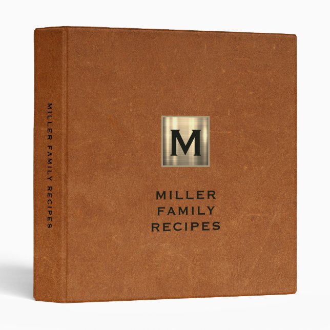 Modern Sable Leather Gold Monogram Family Recipe 3 Ring Binder (Front/Spine)