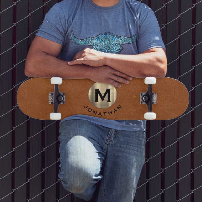 Modern Sable Leather Gold Monogram Skateboard (Outdoor 3)