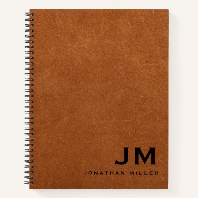 Modern Sable Leather Monogram Initials Name Notebook (Front)