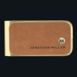 Modern Sable Luxury Gold Monogram Gold Finish Money Clip<br><div class="desc">Modern money clip design features a brushed metallic gold monogram with your initial and name in classic block typography on a sable brown distressed leather texture background for a simple,  stylish professional look.</div>