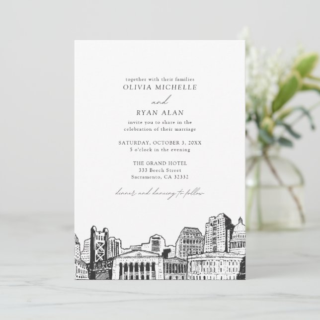 Modern Sacramento Skyline Black & White Wedding Invitation (Standing Front)
