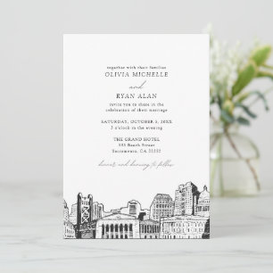 Modern Sacramento Skyline Black & White Wedding Invitation