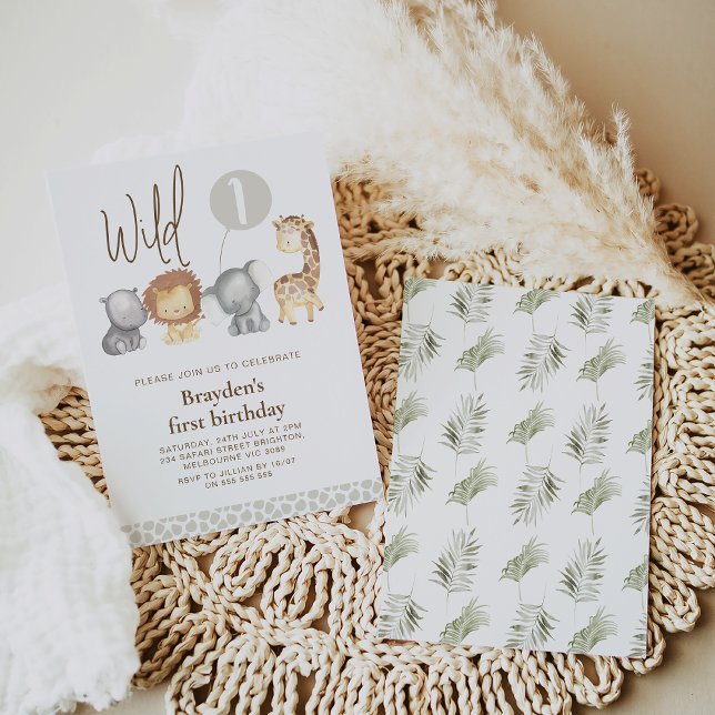 Modern Safari Animals Wild One 1st Birthday Invitation (Modern simple wild one safari animals 1st birthday invitation with balloon and giraffe print pattern)