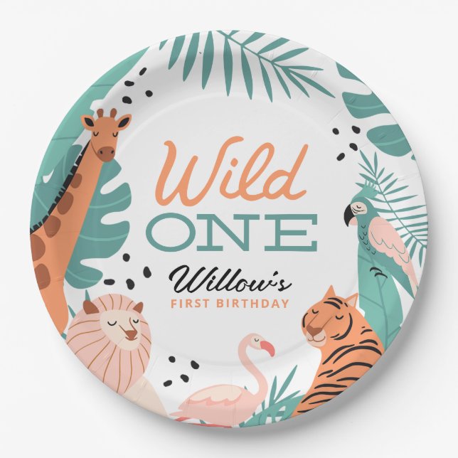 Modern Safari Animals Wild One 1st Birthday Party Paper Plates (Front)