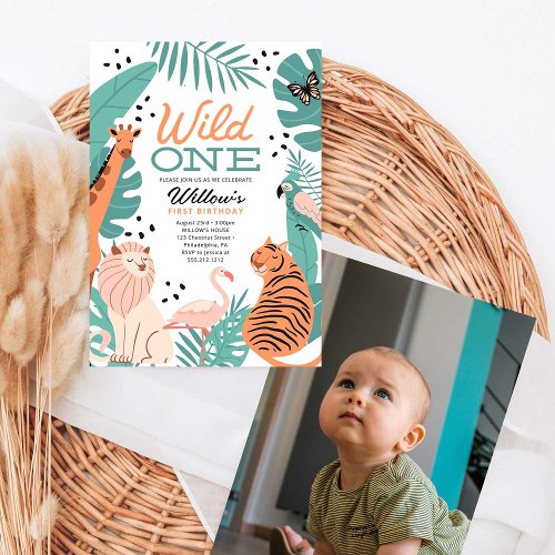 Modern Safari Animals Wild One Photo Invitation