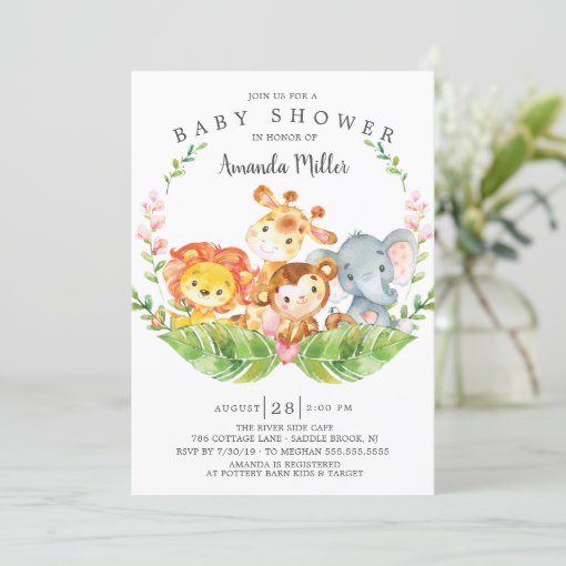 Modern Safari Jungle Animals Girls Baby Shower Invitation | Zazzle