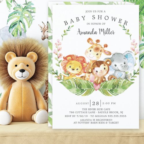 Modern Safari Jungle Animals Girls Baby Shower Invitation