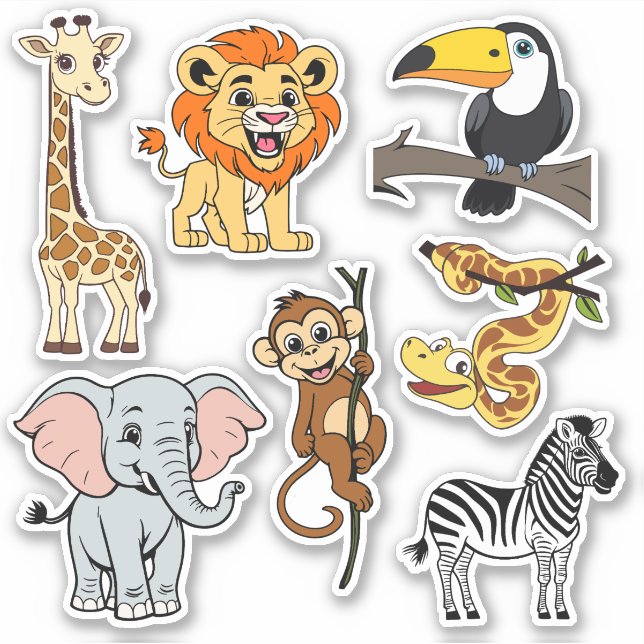 Modern Safari Tropical Jungle Animals Cute Cartoon Sticker (Front)