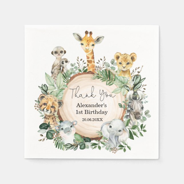 Modern Safari Wild Animals Greenery Party Napkins (Front)